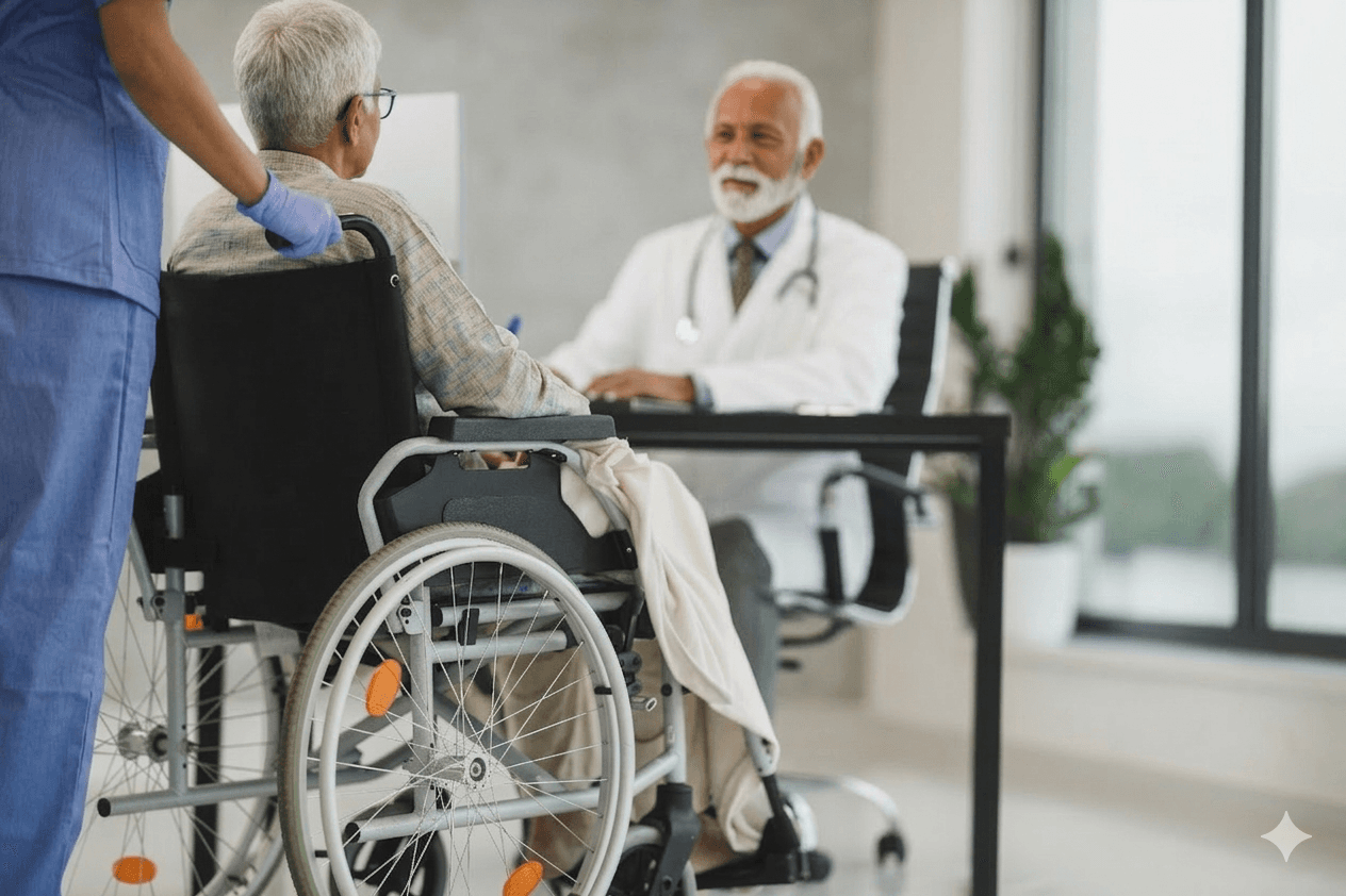 Doctor consulting with elderly patient in wheelchair